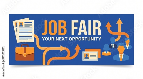 Job fair banner promotes career growth and employment.
