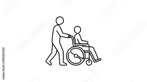 Caregiver pushing a disabled person in a wheelchair represented in a minimalist line art illustration.