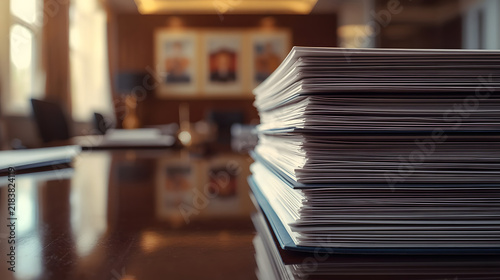 Stack of Documents in a Boardroom: A neat stack of documents sits on a polished wooden table in a modern boardroom, with blurred portraits and windows in the background.