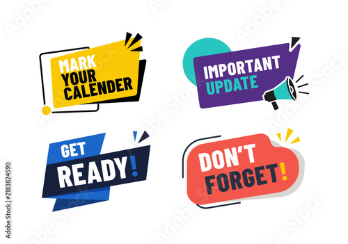 Plakat w ramie Reminder and announcement badge collection in a bold flat vector style featuring calendar, important update, get ready and forget-me-not message labels