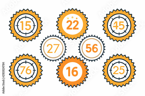 Vibrant orange circular sticker set with numbered vector graphic design elements