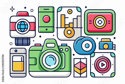 Colorful flat vector illustration featuring various digital technology and electronic gadgets