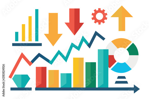 Colorful financial business vector illustration showing growth charts and market trends