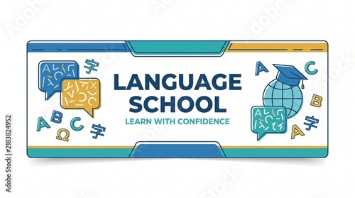 Language school banner displays globe and education icons.