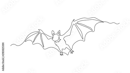 Continuous one line drawing of flying bat with wings spread, minimalist bat illustration in flight, single line art style nocturnal animal