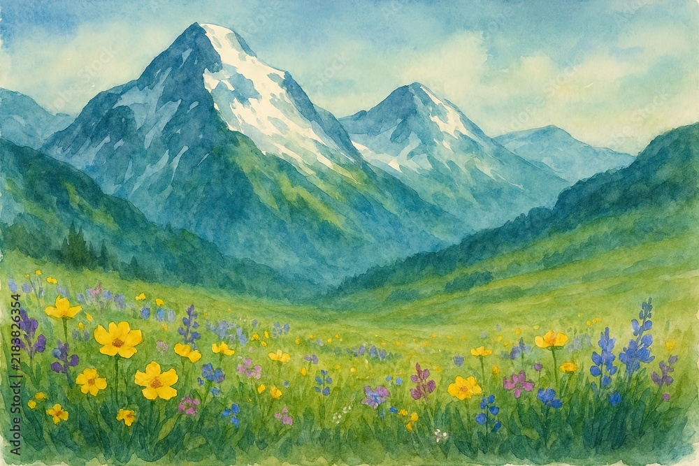 Fototapeta premium Watercolor illustration of colorful alpine blossoms blooming before snowy mountain range
