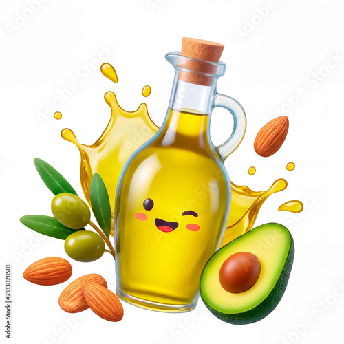 Cartoon oil bottle winking with healthy ingredients