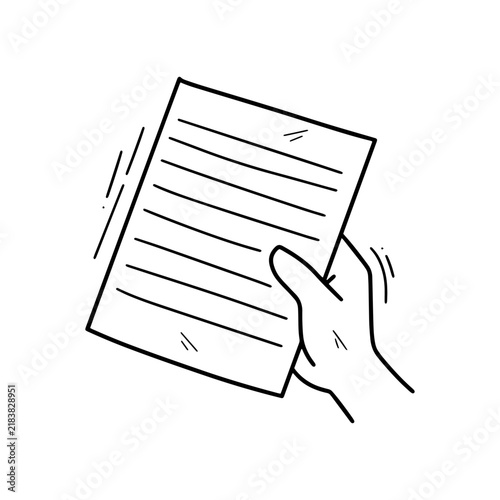 Simple hand-drawn illustration of a hand holding a sheet of lined paper, isolated on a white background.