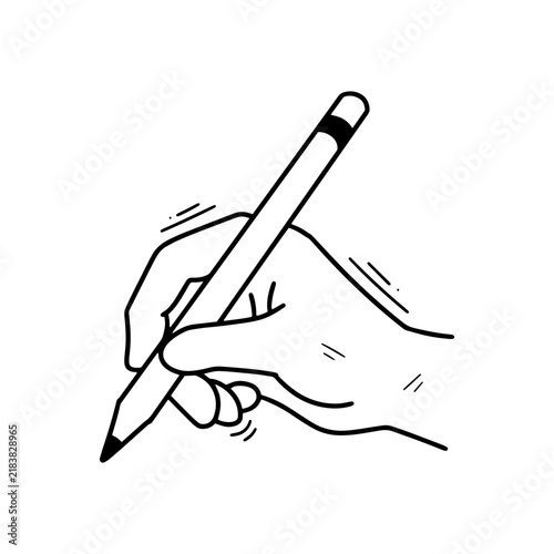 Simple hand-drawn illustration of a hand holding a pencil and writing, isolated on a white background.