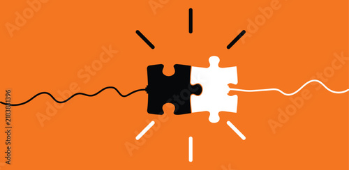 two puzzle piece, one black, one white, connect together forming whole, symbolizing unity diversity, conceptual graphic showing connection integration.