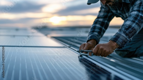 Worker Installing Solar Panels on Roof at Sunset in a Solar Power Installation Scene with Blue Sky and Clouds