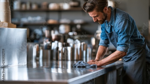Man Cleaning Kitchen Counter with Cloth in Modern Cafe or Restaurant Setting, Focus on Hygiene and Maintenance of Food Preparation Area