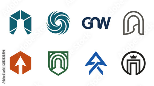 Minimalist bold geometric shield and letter icons.