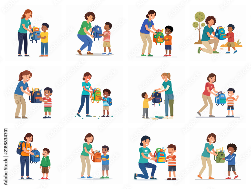 Fototapeta premium Volunteers Giving School Backpacks and Supplies to Children Illustration Set