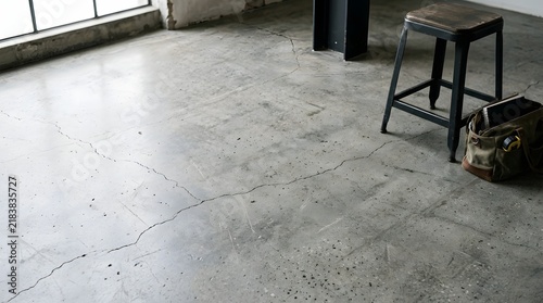 Cracked Concrete Floor with Stool: A close-up view of a weathered concrete floor with visible cracks, a simple stool, and a canvas bag resting nearby, suggesting an industrial or minimalist aesthetic.