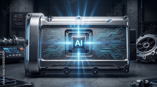 AI chip with glowing circuit board and light rays