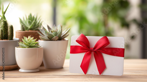 White gift card with a red ribbon displayed beside potted succulents on a wooden table, representing thoughtful presents, lifestyle, home decor, shopping and celebrations.