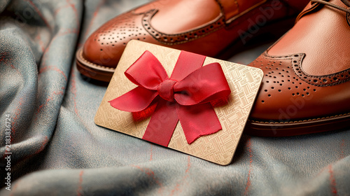 Decorative gift card wrapped with a red ribbon displayed beside leather dress shoes and elegant fabric, representing fashion, shopping, luxury presents and special occasions.