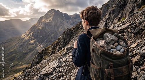 Young student carrying a backpack full of heavy stones on a steep mountain path. Conceptual 3D render representing life challenges, academic pressure, emotional burden and hardship.