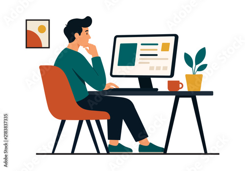 Remote Work and Home Office Vector Illustration with Man Working on Computer