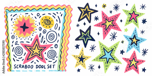 A collection of hand drawn stars and swirling shapes creates a colorful doodle pattern on a white background starfish starburst doodles hand drawn sketch