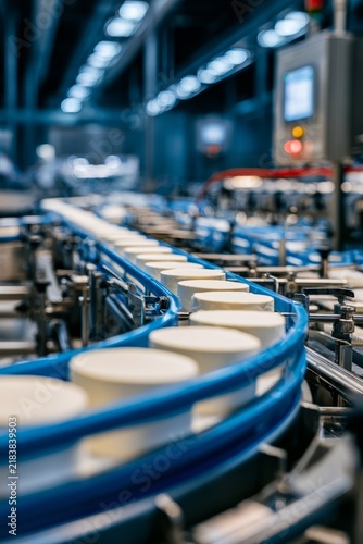 Food production line with dairy products on conveyor belt, vertical