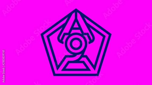 Abstract geometric pentagon emblem on bright pink background.