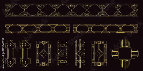 Golden art deco ornament set displays geometric shapes and repeating fan motifs on a black background artdeco pattern gold fanmotif repeatingpattern designelement decorative