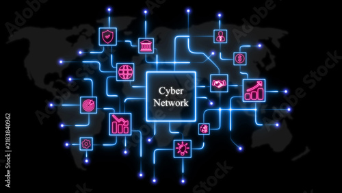 A glowing blue cyber network diagram with pink representing global business, finance, and technology connectivity systems