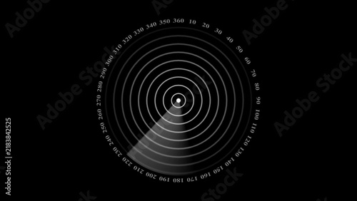 Circular radar screen interface with concentric rings and degree markers on a black background, for navigation and, scanning technology concepts
