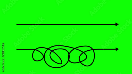 Foto Comparison of straight line and tangled messy line with arrows on a vibrant gree