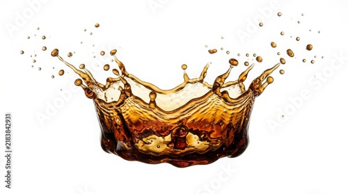 A refreshing dark brown cola soda liquid crown splash created by a falling drop isolated on a clean white background