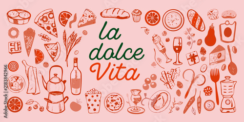 A hand drawn red ink illustration depicts various italian foods and kitchen items against a muted pink backdrop italianfood pasta pizza spaghetti lasagna