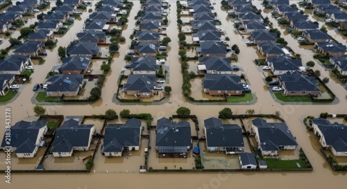 Extensive flooding submerges a suburban housing development, showcasing the devastating impact of a natural disaster on residential properties.