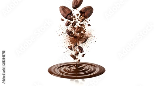 Cocoa beans exploding into powder and falling into a swirl of liquid melted chocolate, isolated on a white background.