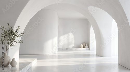 Minimalist white interior hallway with arched doorways and ceramic vases for home decor.