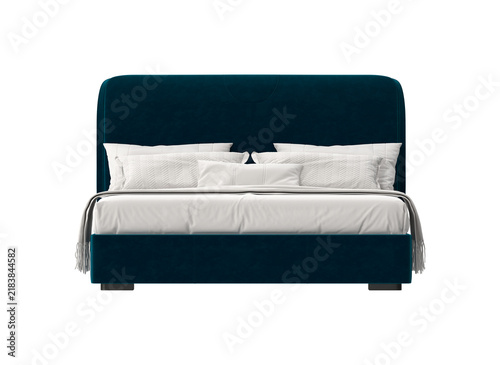 Canvas Print Modern teal velvet upholstered bed with white linens and pillows