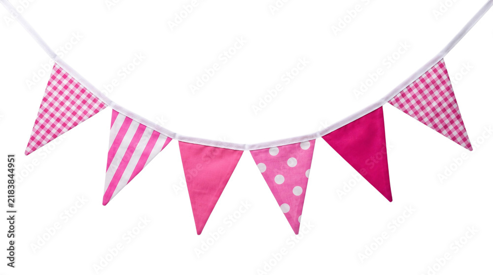 Fototapeta premium Pink Patterned Fabric Bunting Garland with Stripes Dots and Checks on a transparent background