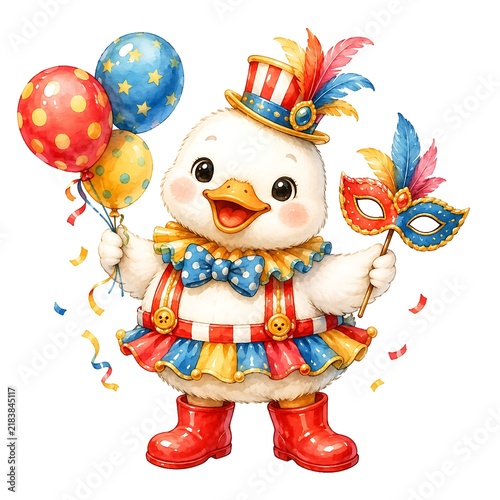 Adorable circus clown duck character waving hand, cute animal illustration