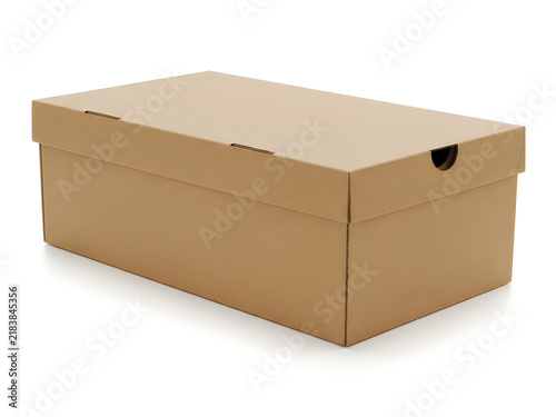 Closed brown cardboard shoe box isolated on white background