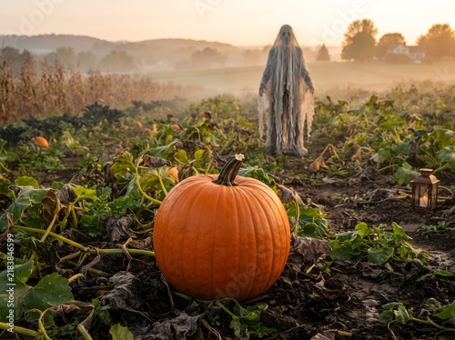Vibrant orange pumpkin in vast farm field at dawn with tall white ghost watching from distance.