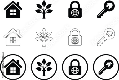 A grid of black and white icons depicting concepts of home life nature security and controlled access options