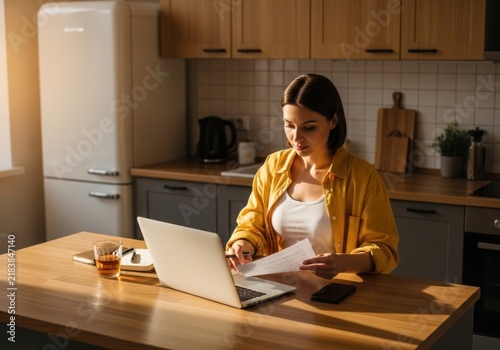 Woman working on laptop with documents at kitchen table in sunlight