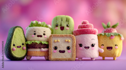 Array of happy cute kawaii food characters including avocado sandwich and fruit with characters.