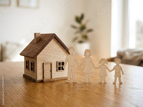 Wooden miniature house with family paper cutouts standing on a wooden surface model house new home