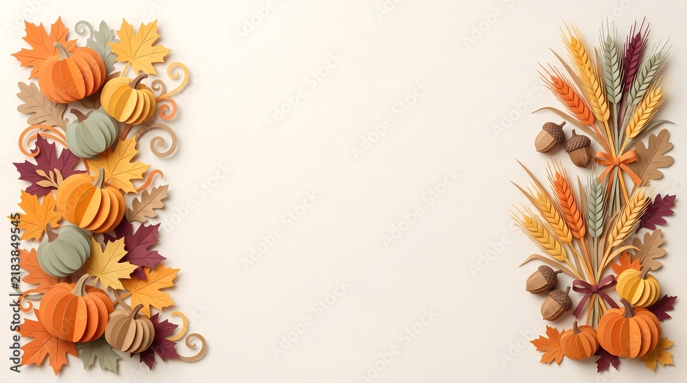Fototapeta premium Beautiful thanksgiving border design featuring colorful autumn leaves pumpkins and harvest decorations on a light background