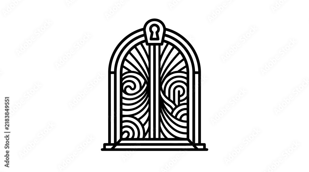 Fototapeta premium Ornate arched gate icon with keyhole detail.