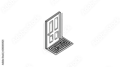 Isometric open entrance door with welcome floor mat.