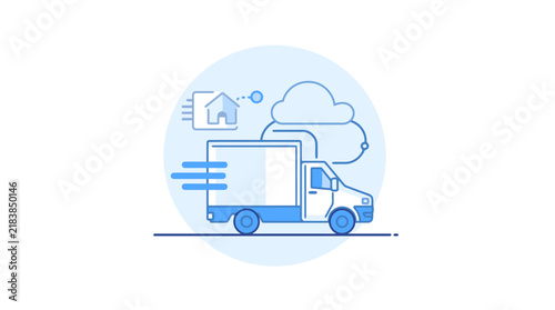 Logistics truck with smart technology integration icons.