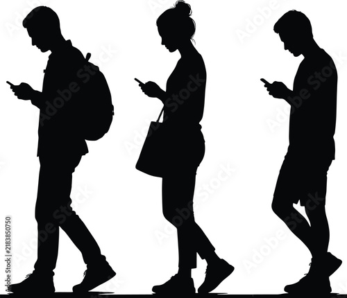 People walking while using smartphones silhouettes representing mobile technology, communication, connectivity, and modern lifestyle